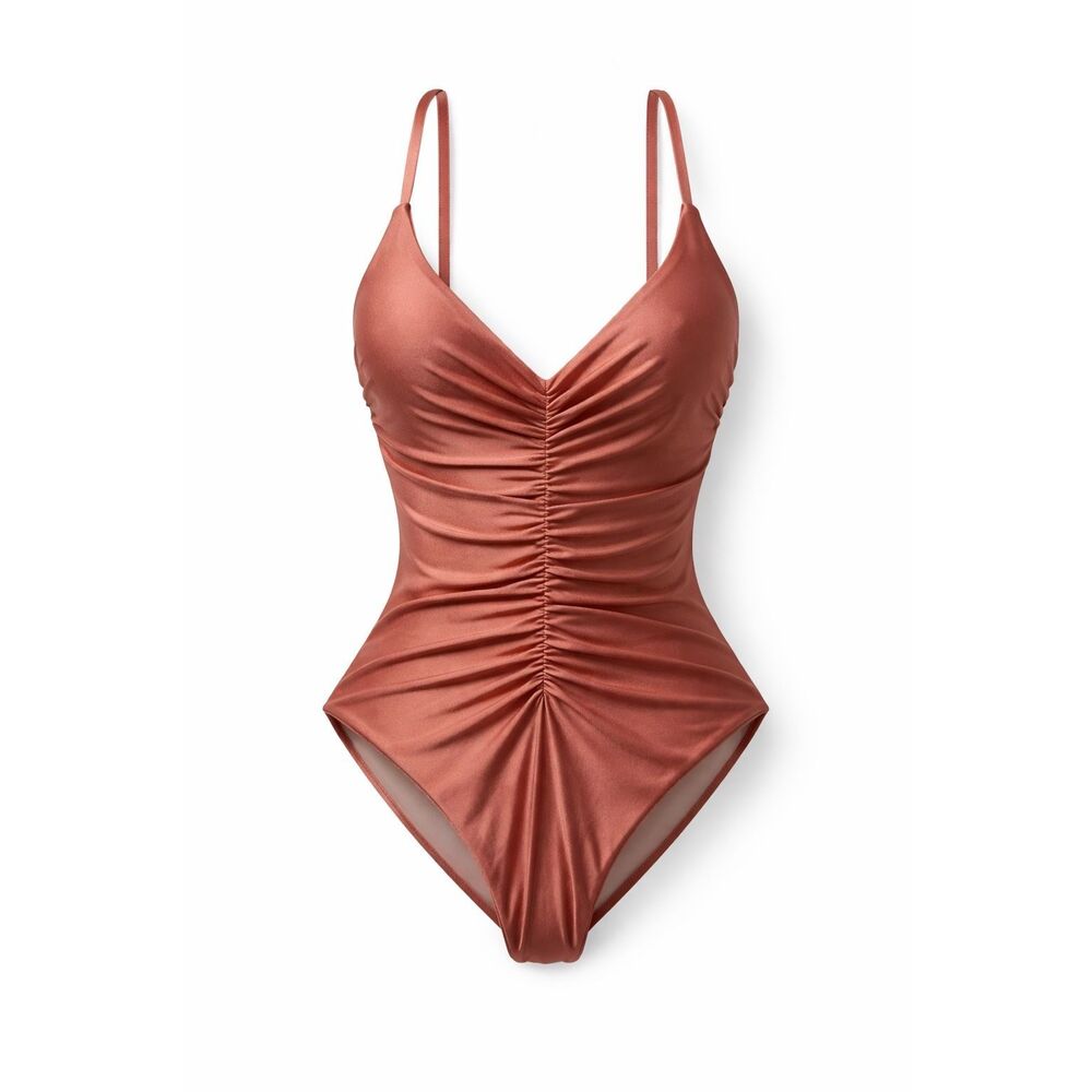 REINA Shimmer Copper Monokini One Piece | S Tall | Ruched Cutout Open Back